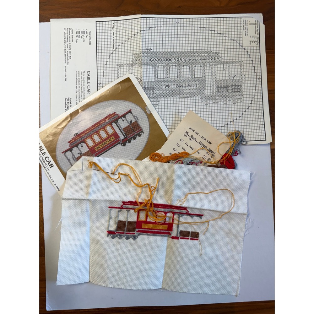 VTG Judith M Kirby Cable Car Cross Stitch Pattern Red San Francisco Partial